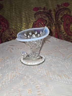 Vintage Clear Hobnail Glass Cornucopia Vase with Opalescent Rim